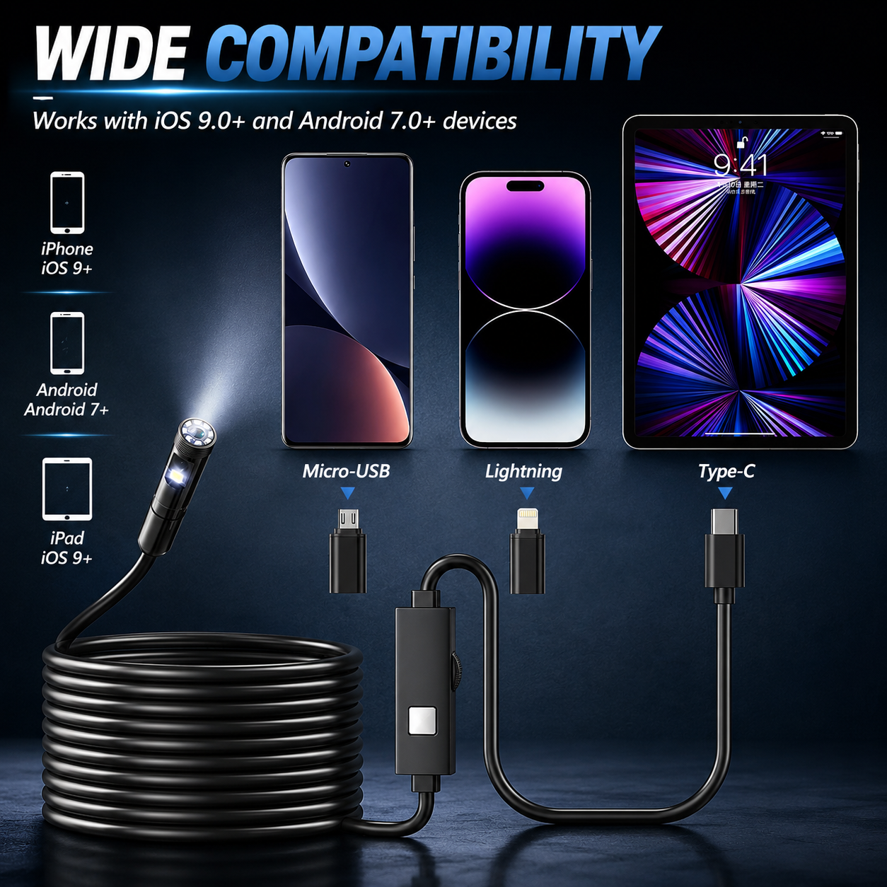Endoscope Camera with Light,1920P HD Borescope Tools with 8 Adjustable LED Lights