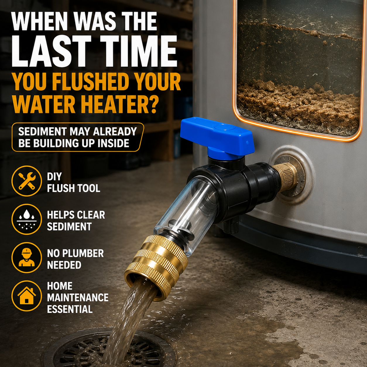 🚿 Water Heater Flush Tool – Remove Sediment Fast & Help Extend Tank Life Without a Plumber.