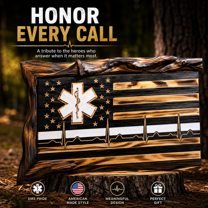 EMS Thin White Line Wooden American Flag | EMT & Paramedic Tribute Wall Decor
