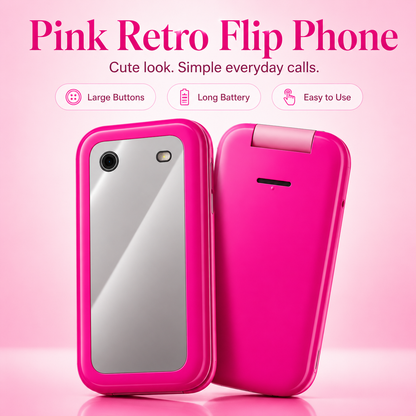Pink Retro Flip Phone with Large Buttons – Cute 2G Basic Phone for Calls, Texts & Backup Use