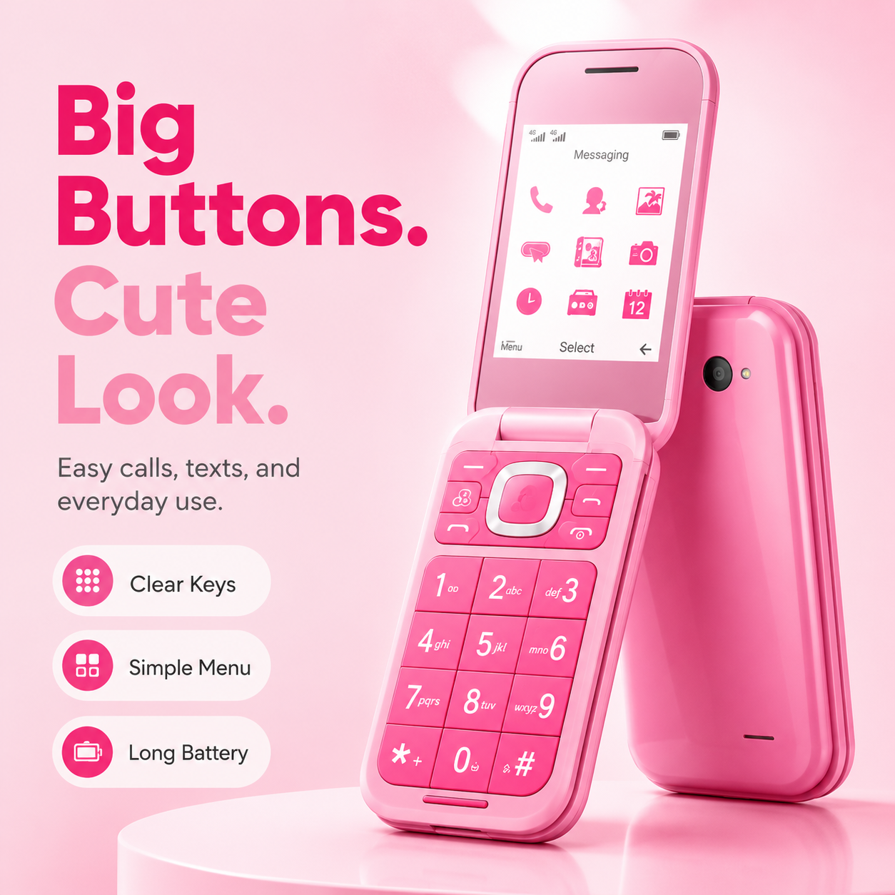 Pink Retro Flip Phone with Large Buttons – Cute 2G Basic Phone for Calls, Texts & Backup Use