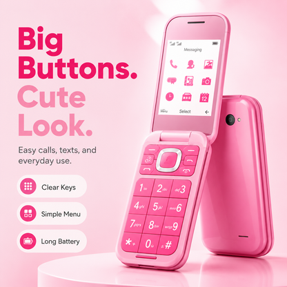 Pink Retro Flip Phone with Large Buttons – Cute 2G Basic Phone for Calls, Texts & Backup Use