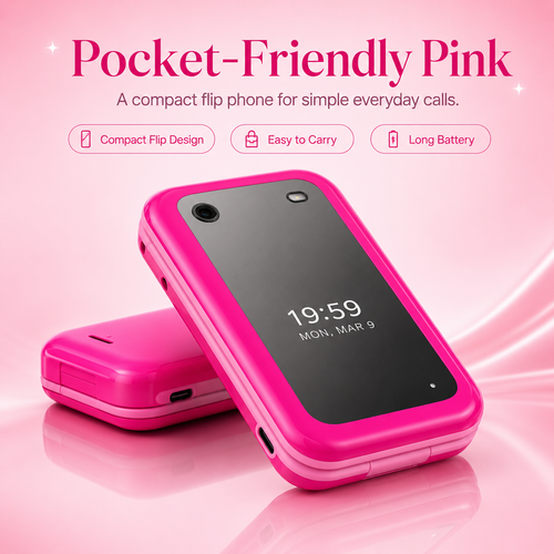 Pink Retro Flip Phone with Large Buttons – Cute 2G Basic Phone for Calls, Texts & Backup Use
