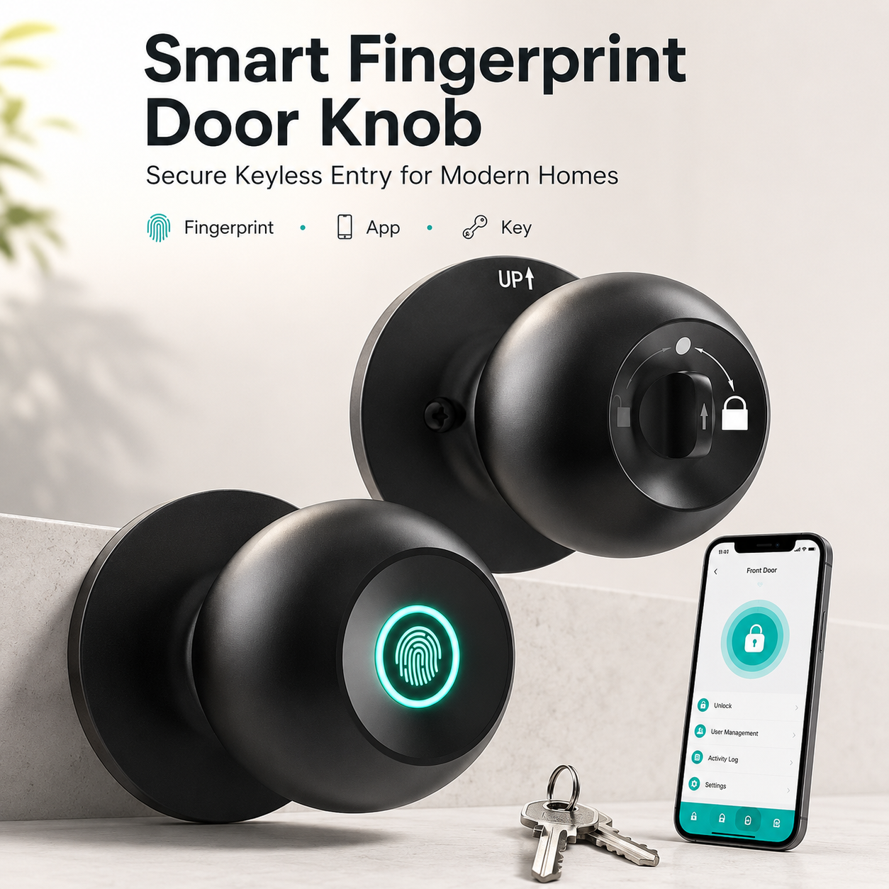 Smart Fingerprint Door Knob | Keyless Entry Lock with App & Backup Keys