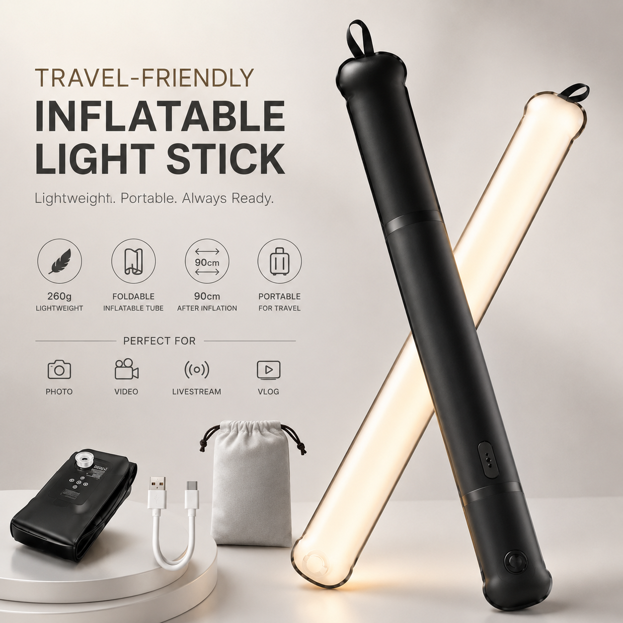 Inflatable LED Light Stick – Portable, Bi-Color, Rechargeable for Photography & Video