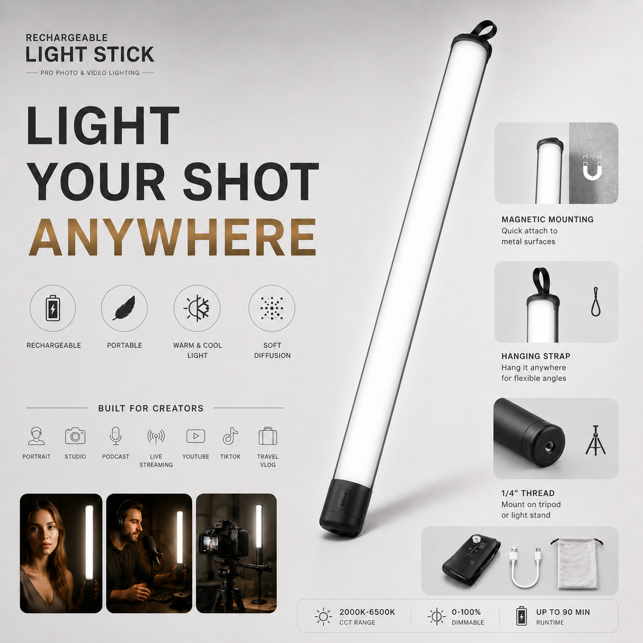 Inflatable LED Light Stick – Portable, Bi-Color, Rechargeable for Photography & Video