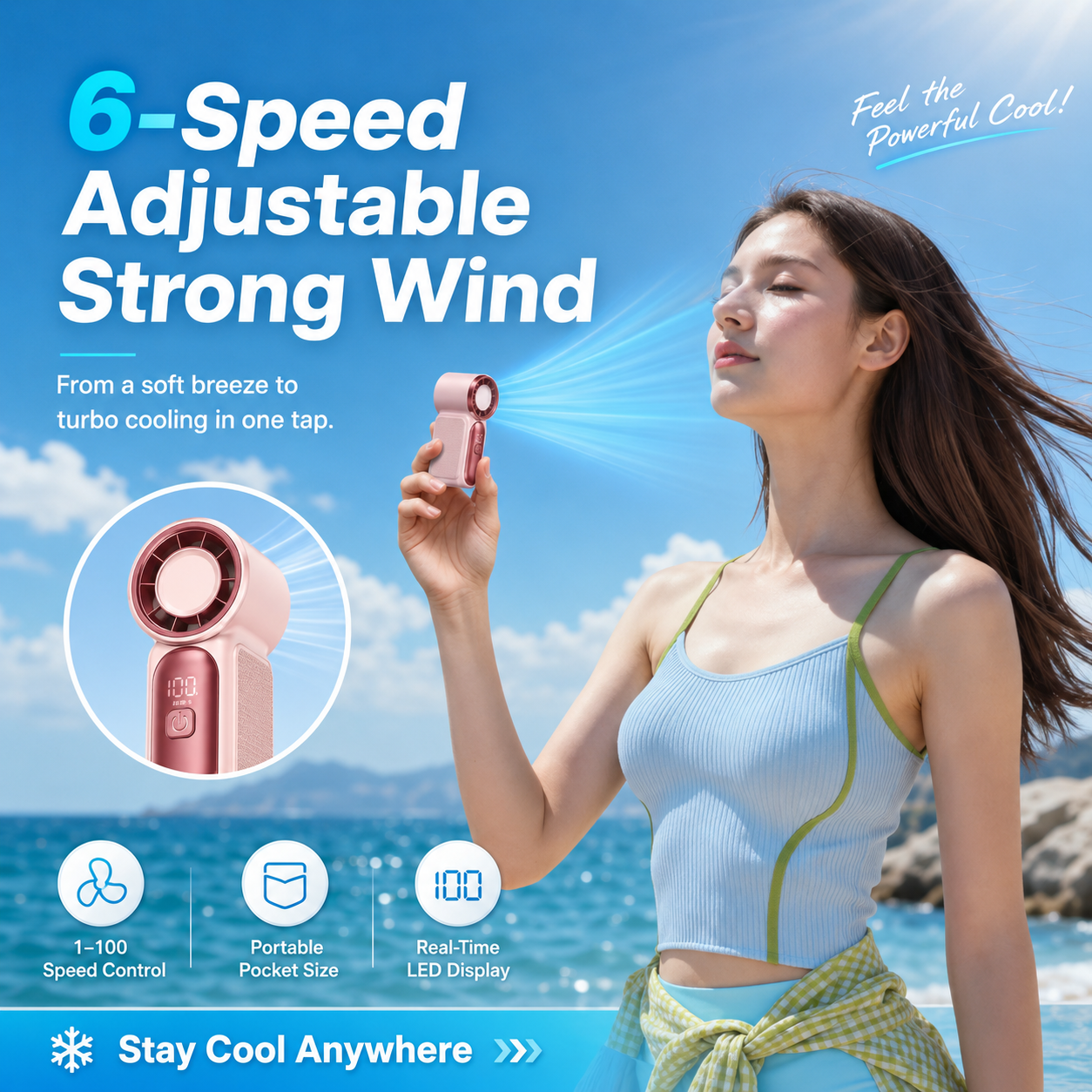 Mini Handheld Fan with LED Display | 6-Speed USB Rechargeable Pocket Fan