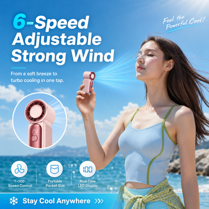 Mini Handheld Fan with LED Display | 6-Speed USB Rechargeable Pocket Fan