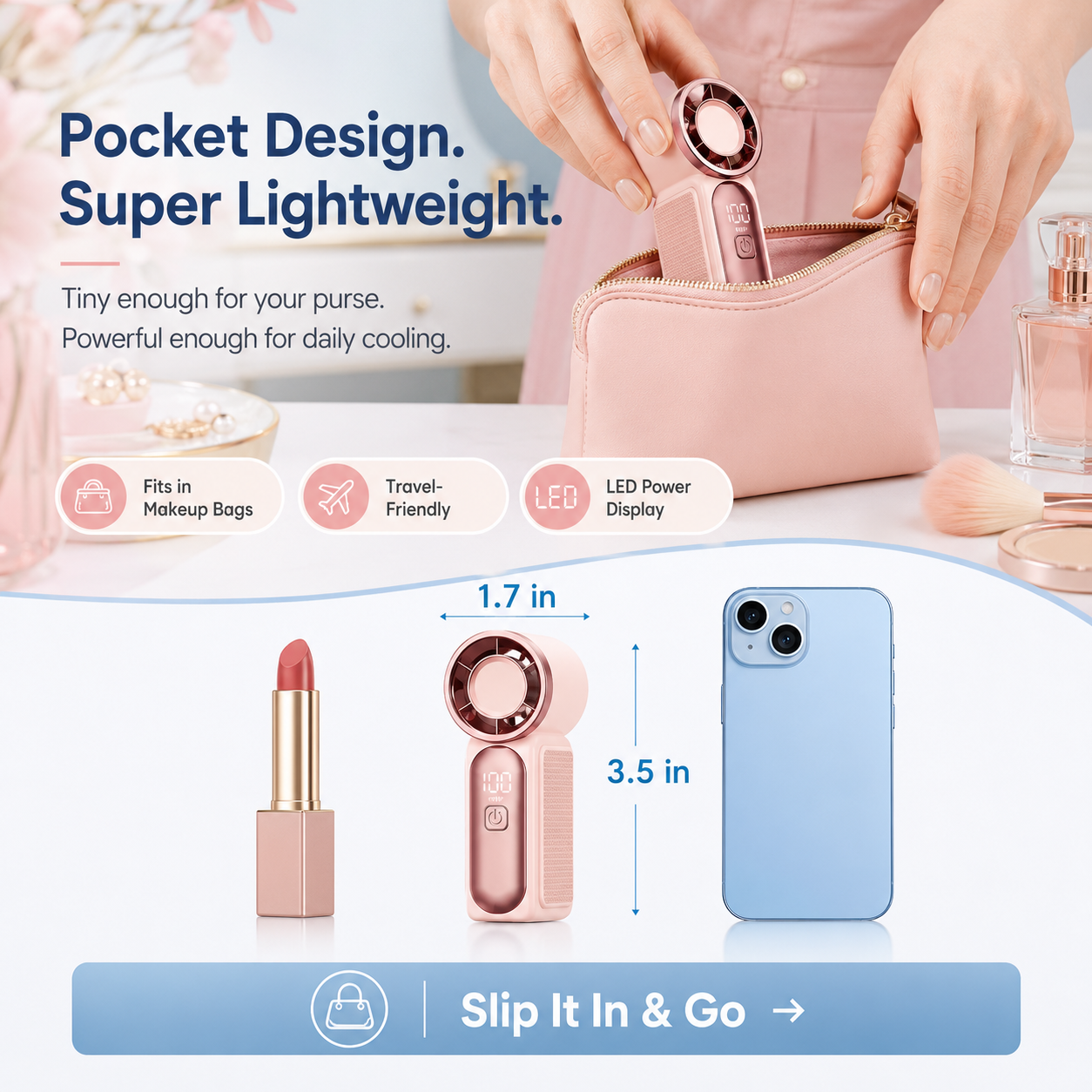 Mini Handheld Fan with LED Display | 6-Speed USB Rechargeable Pocket Fan