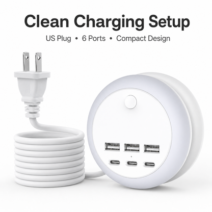 6 Port USB Power strip (3USB-A+3USB-C) | 8 Night Light Modes
