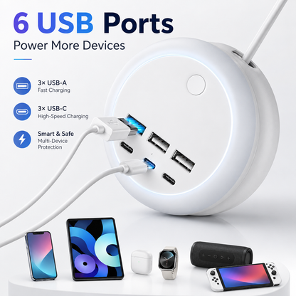 6 Port USB Power strip (3USB-A+3USB-C) | 8 Night Light Modes