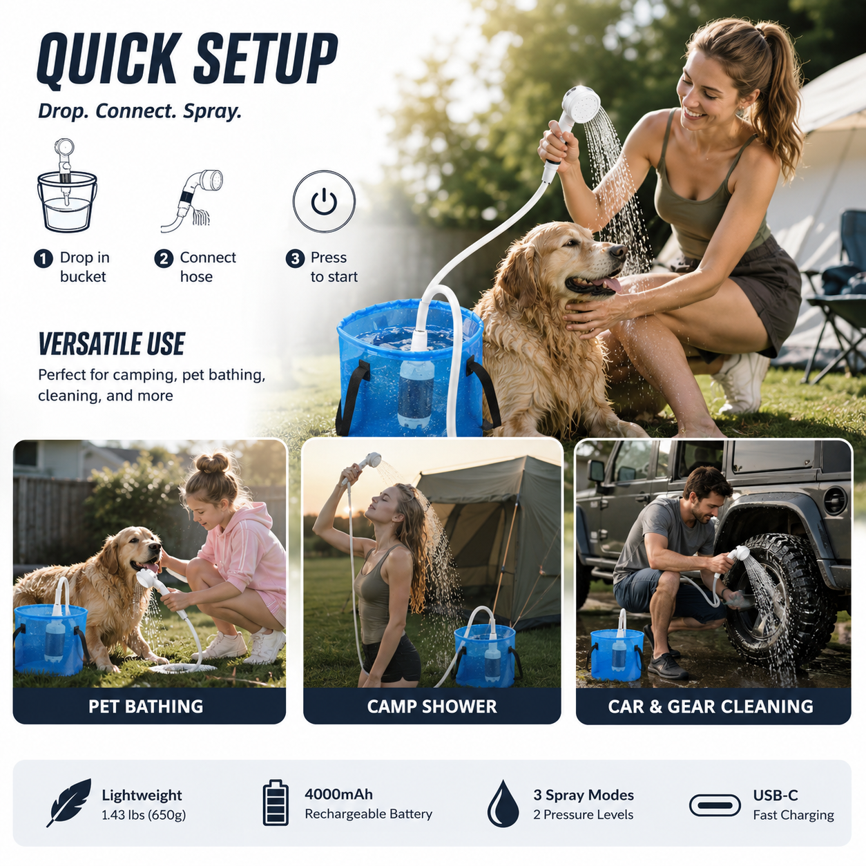 Portable Shower for Camping, Rechargeable Portable Camping Shower Pump