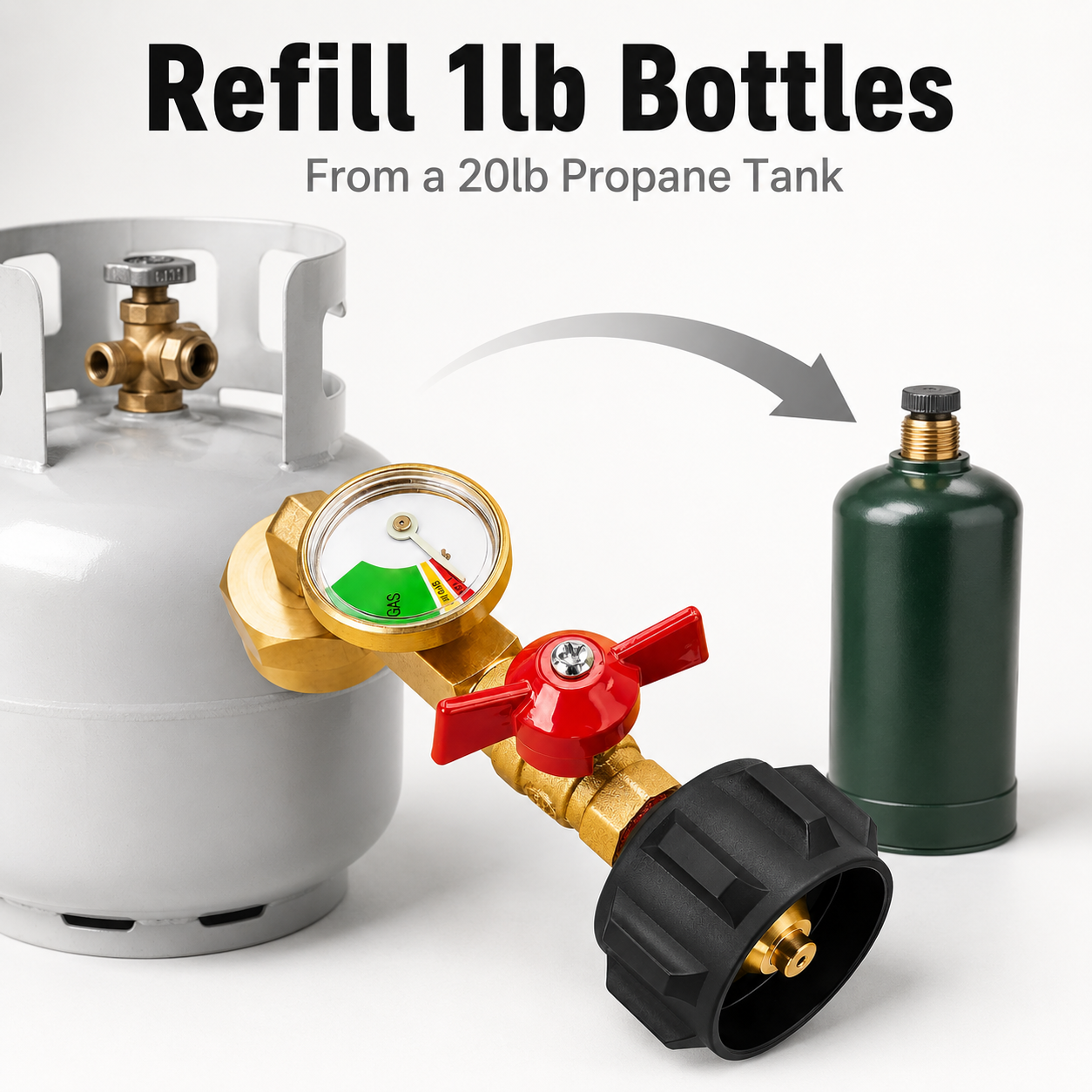 Propane Refill Adapter with Valve & Gauge | Refill 1lb Bottles from 20lb Tank