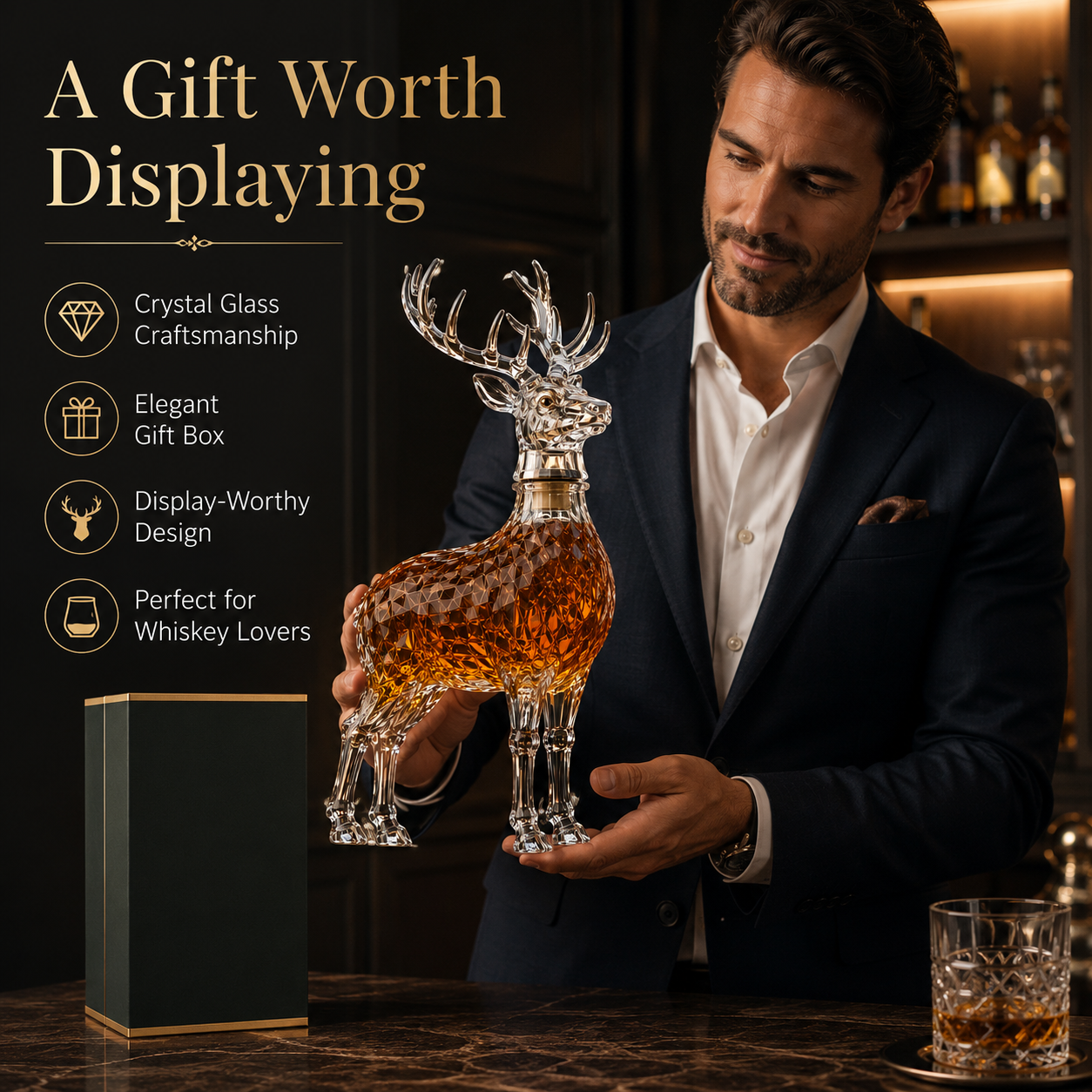 Luxury Stag Whiskey Decanter – Deer-Shaped Crystal Bourbon Bottle Gift
