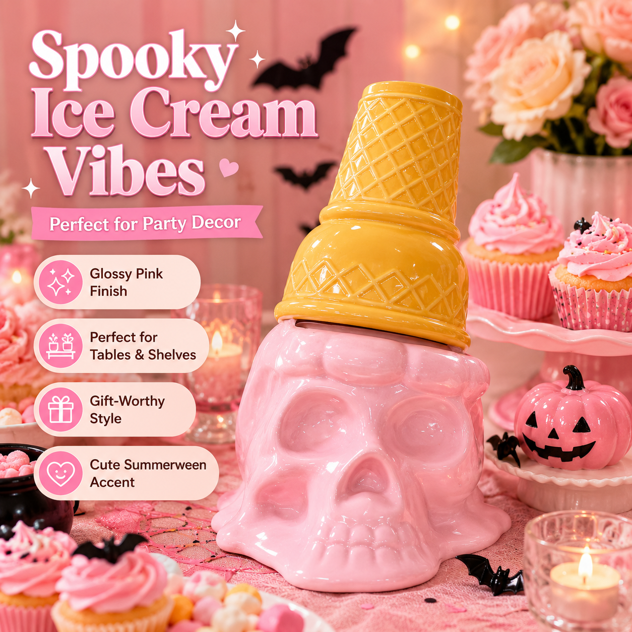 Pink Skull Ice Cream Decor – Cute Summerween Halloween Ornament