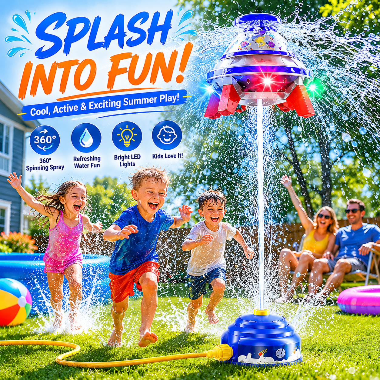 🚀 UFO Rocket Sprinkler Toy – 360° Spinning Splash Fun for Kids