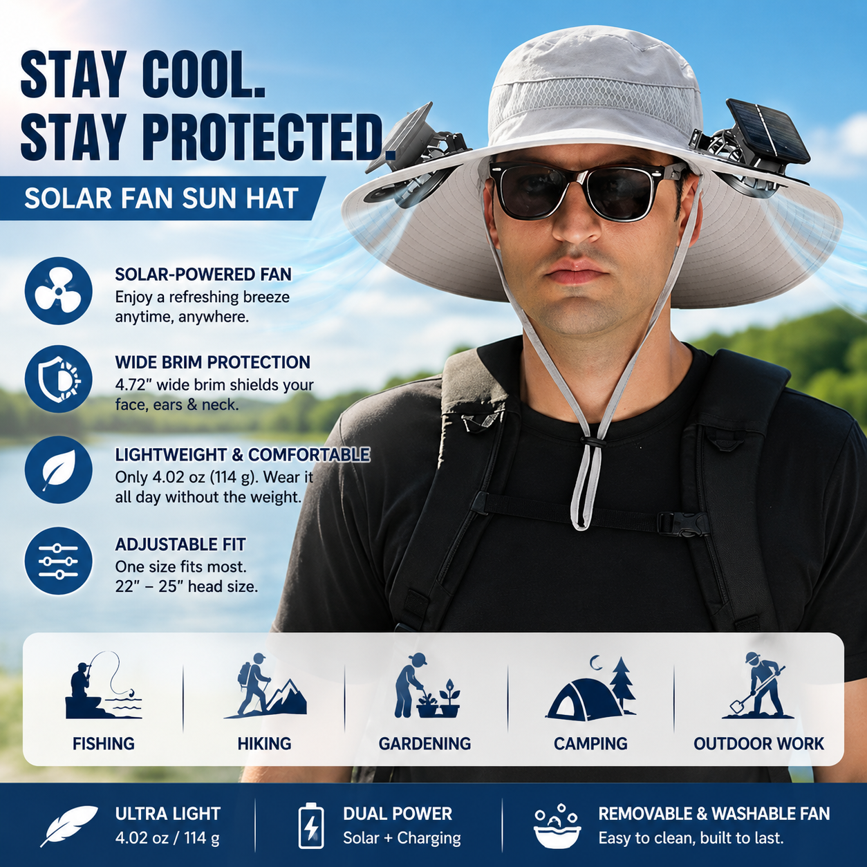 Solar Powered Cooling Fan Hat | Wide Brim Sun Protection Hat for Fishing, Hiking & Outdoor Work