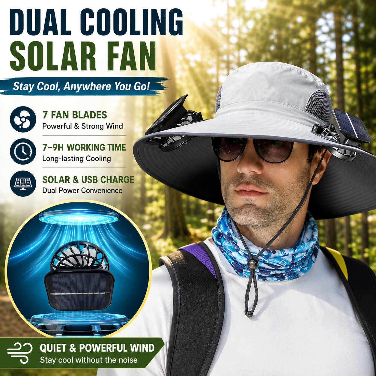 Solar Powered Cooling Fan Hat | Wide Brim Sun Protection Hat for Fishing, Hiking & Outdoor Work