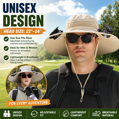 Solar Powered Cooling Fan Hat | Wide Brim Sun Protection Hat for Fishing, Hiking & Outdoor Work