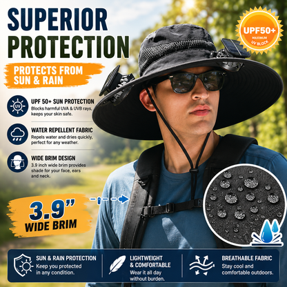 Solar Powered Cooling Fan Hat | Wide Brim Sun Protection Hat for Fishing, Hiking & Outdoor Work