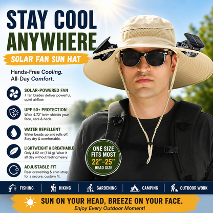 Solar Powered Cooling Fan Hat | Wide Brim Sun Protection Hat for Fishing, Hiking & Outdoor Work