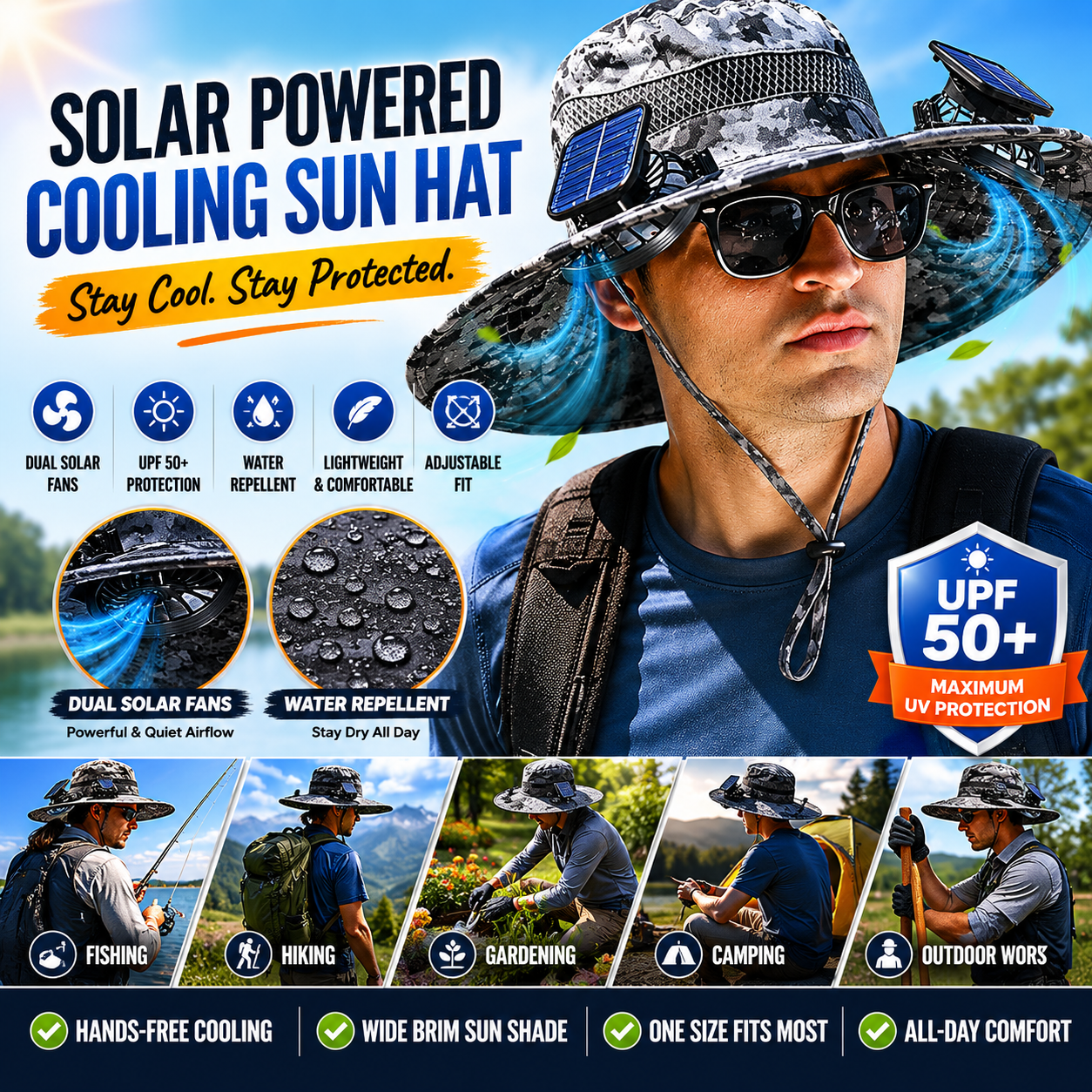 Solar Powered Cooling Fan Hat | Wide Brim Sun Protection Hat for Fishing, Hiking & Outdoor Work