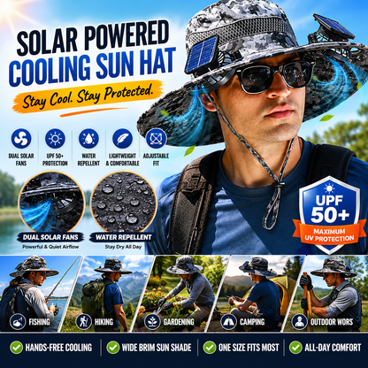 Solar Powered Cooling Fan Hat | Wide Brim Sun Protection Hat for Fishing, Hiking & Outdoor Work