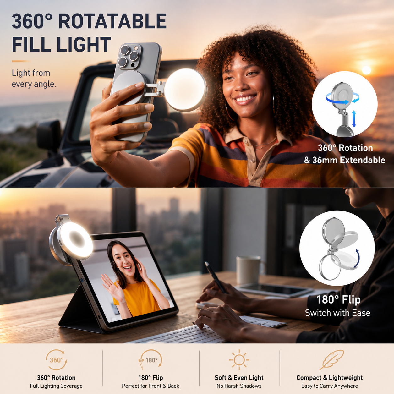 3-in-1 Magnetic Selfie Light with Mirror | Portable Phone Fill Light