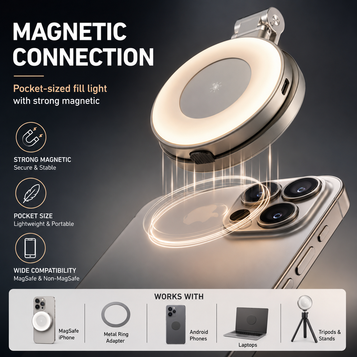3-in-1 Magnetic Selfie Light with Mirror | Portable Phone Fill Light