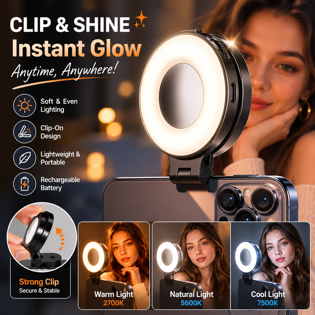 3-in-1 Magnetic Selfie Light with Mirror | Portable Phone Fill Light