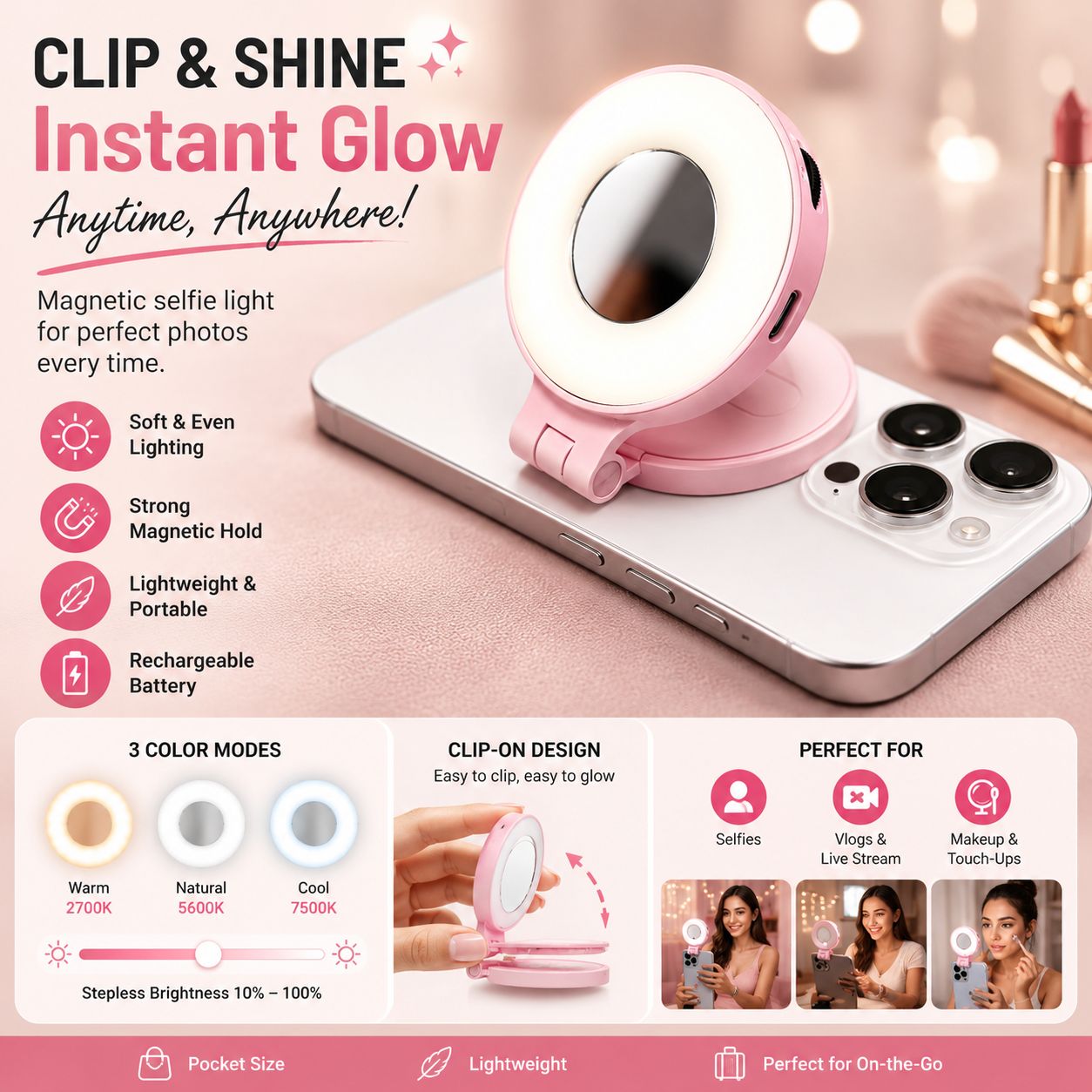 3-in-1 Magnetic Selfie Light with Mirror | Portable Phone Fill Light