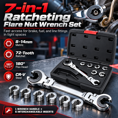 🔧 50% OFF Today! 7-in-1 Ratcheting Flare Nut Wrench Set for Tight Space