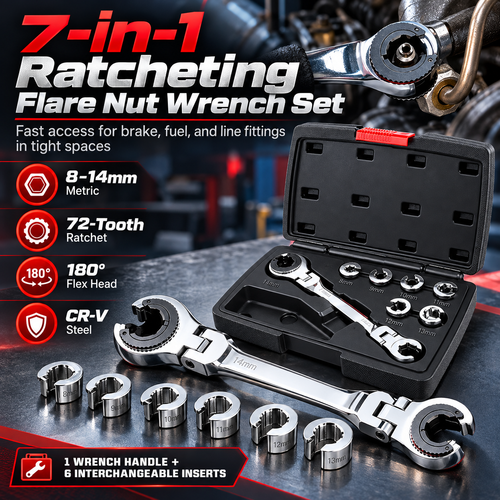 🔧 50% OFF Today! 7-in-1 Ratcheting Flare Nut Wrench Set for Tight Space