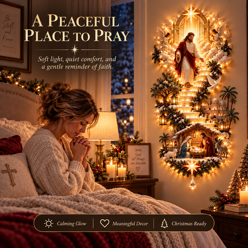 ✨ Jesus Light of Heaven Christmas Wall Hanging | Illuminated Nativity Stairway Decor ✝️
