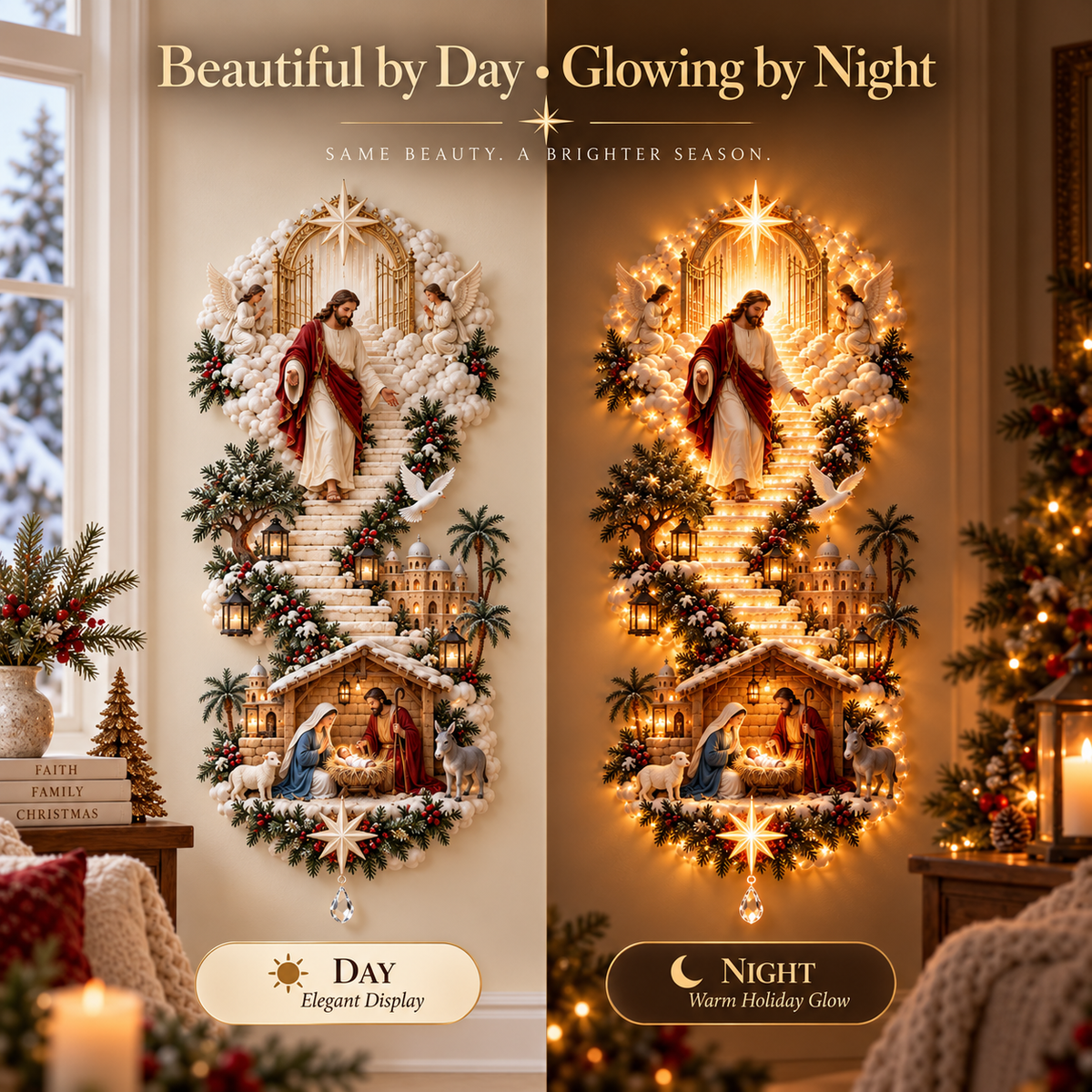 ✨ Jesus Light of Heaven Christmas Wall Hanging | Illuminated Nativity Stairway Decor ✝️