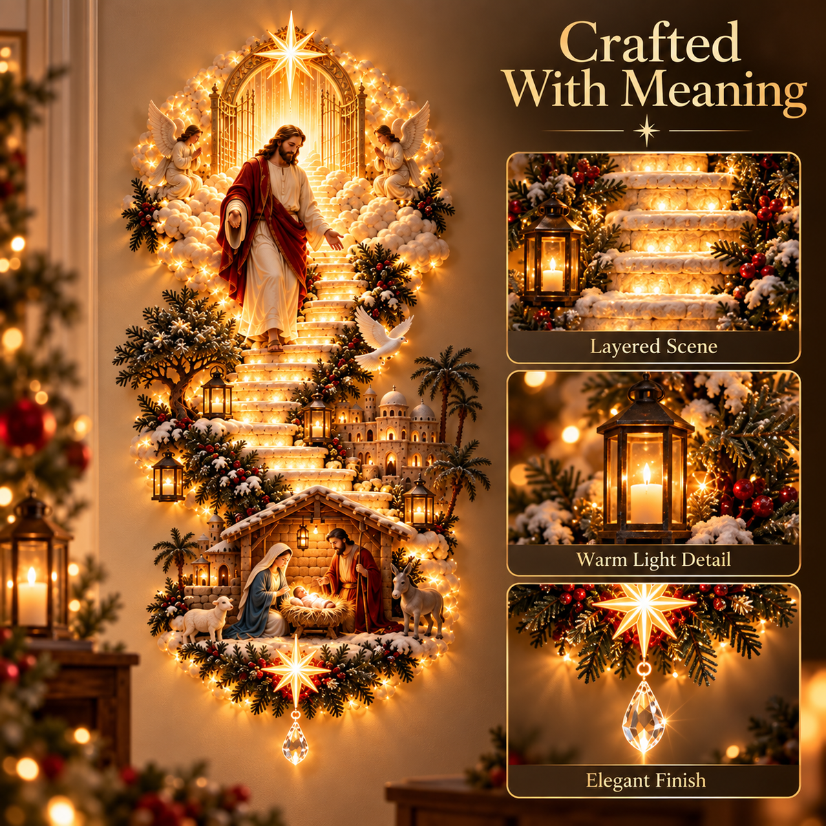 ✨ Jesus Light of Heaven Christmas Wall Hanging | Illuminated Nativity Stairway Decor ✝️