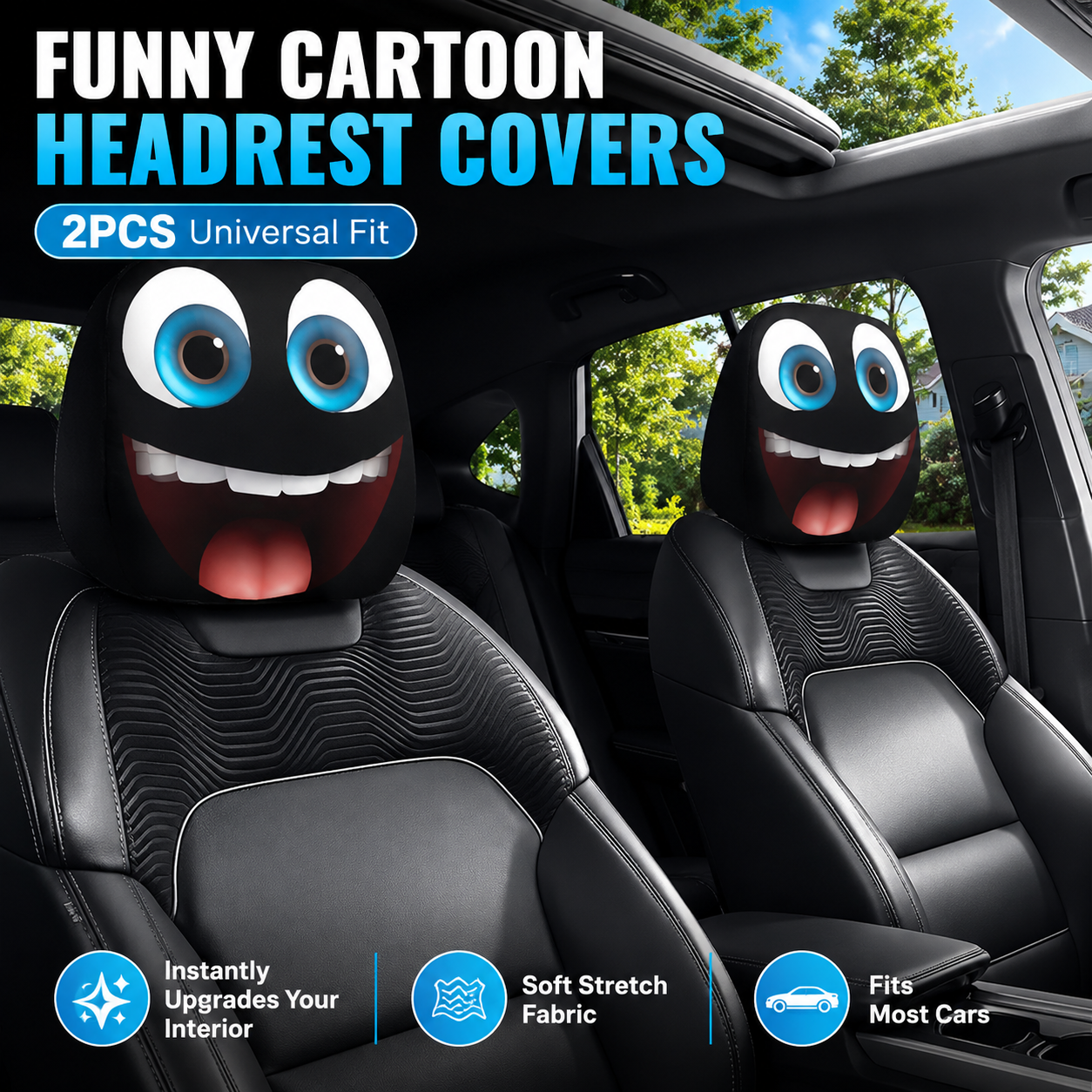 😆 Funny Cartoon Car Headrest Covers – 2PCS 2D Universal Fit 🚗