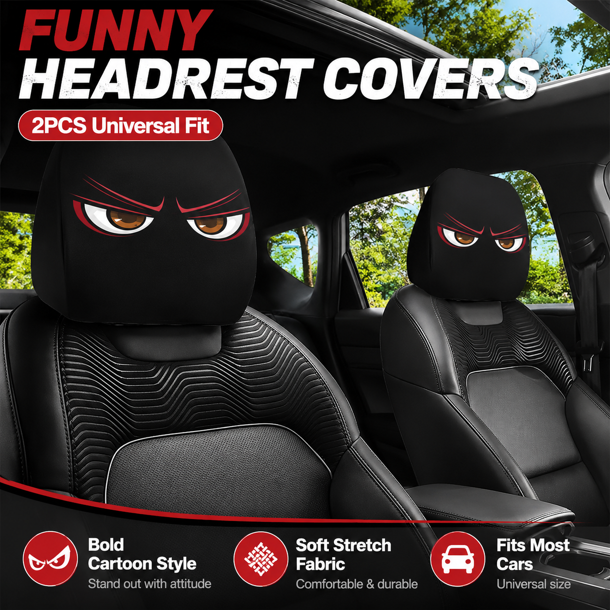 😆 Funny Cartoon Car Headrest Covers – 2PCS 2D Universal Fit 🚗