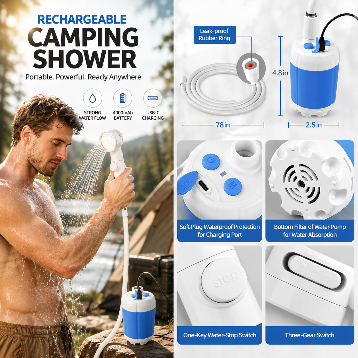 Portable Shower for Camping, Rechargeable Portable Camping Shower Pump