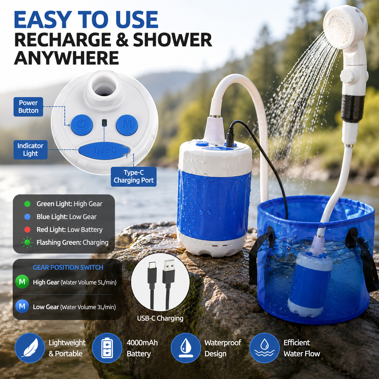 Portable Shower for Camping, Rechargeable Portable Camping Shower Pump