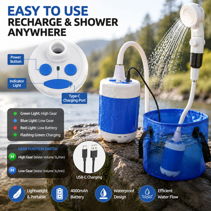 Portable Shower for Camping, Rechargeable Portable Camping Shower Pump