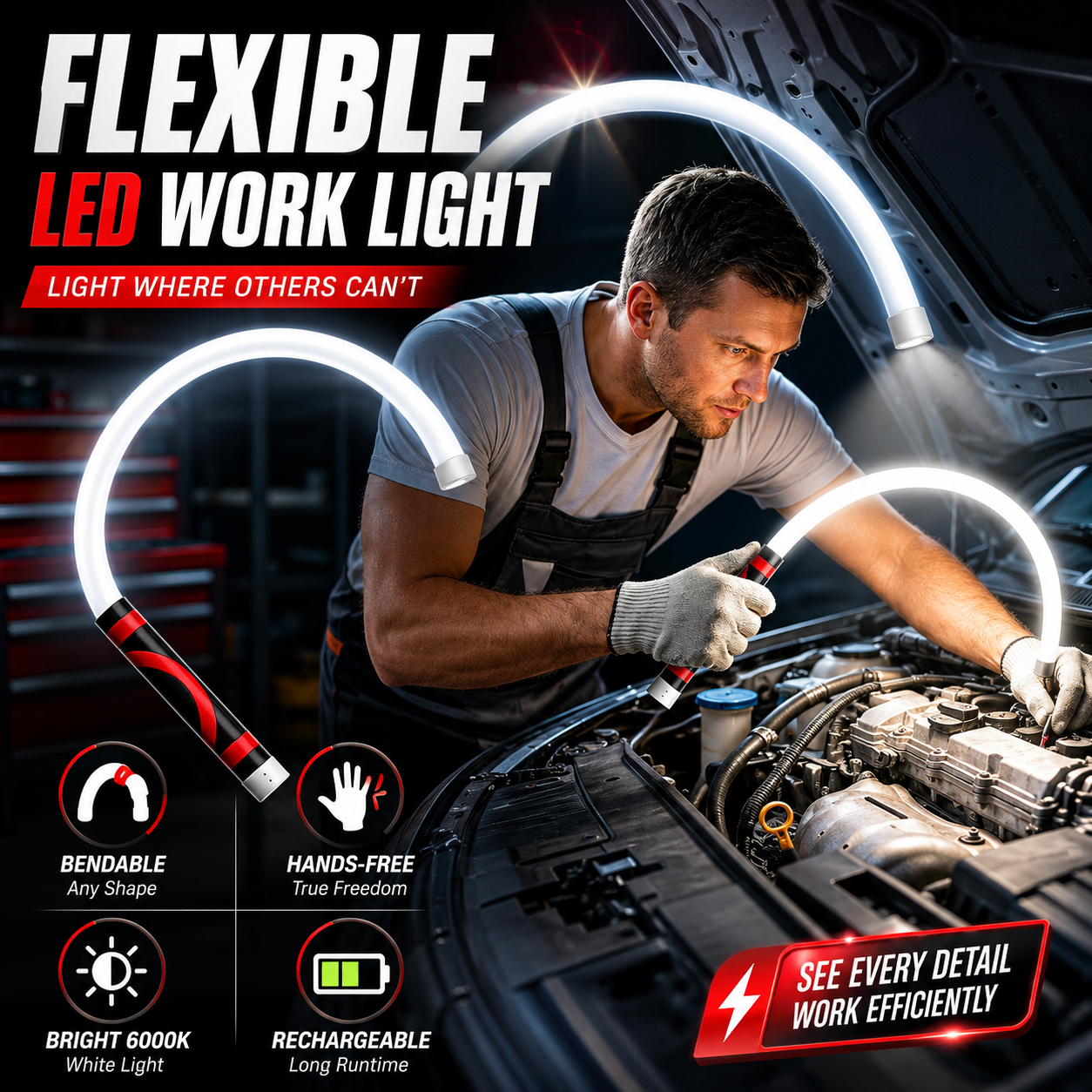 THOUSAND SUNNY Flexible LED Light Stick 30", Rechargeable Bendable Work Light with 3 Modes High Lumen