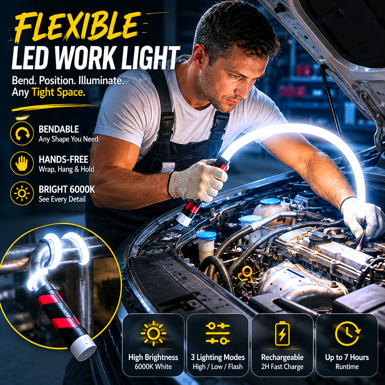 THOUSAND SUNNY Flexible LED Light Stick 30", Rechargeable Bendable Work Light with 3 Modes High Lumen