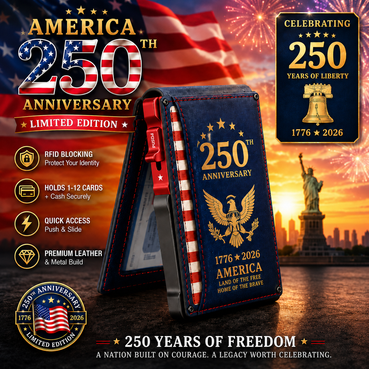 🎁America 250th Anniversary RFID Wallet – Patriotic Slim Pop-Up Card Holder for Men