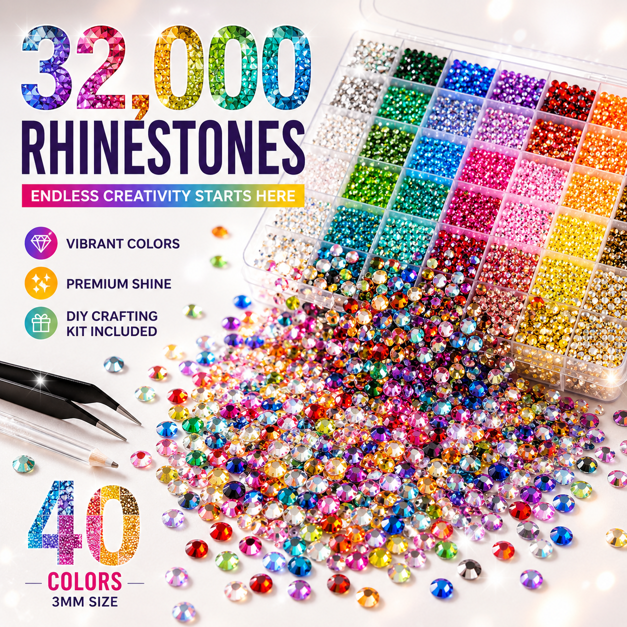 VIBRANT GEMS 32000Pcs Resin Rhinestones with Tweezers for Crafting Mixed-Color 3mm Bedazzling Crystal with Gifted Tools Jewelry