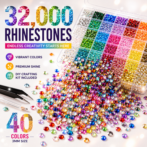 VIBRANT GEMS 32000Pcs Resin Rhinestones with Tweezers for Crafting Mixed-Color 3mm Bedazzling Crystal with Gifted Tools Jewelry