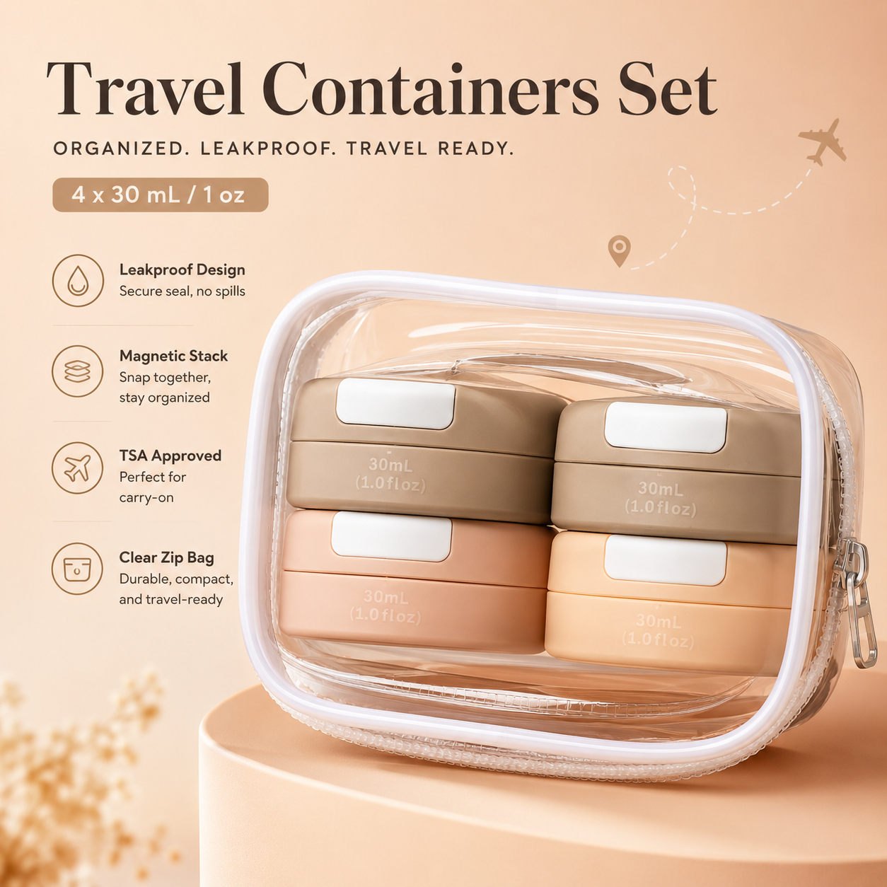 Travel Containers for Toiletries, Magnetic Travel Containers, TSA Approved Cream Jars with Toiletry Bag, Leak-proof Small 1oz Capsules Set with Multiple Labels for Organization (4 Pack)