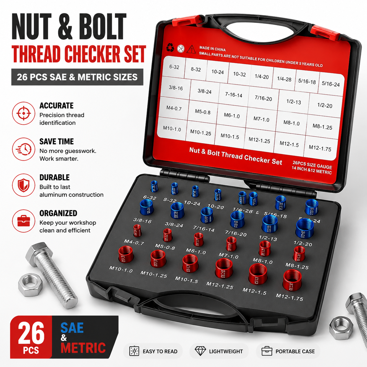 44PCS Nut & Bolt Thread Checker Set – SAE & Metric Gauge Tool Kit for Fast Bolt Identification