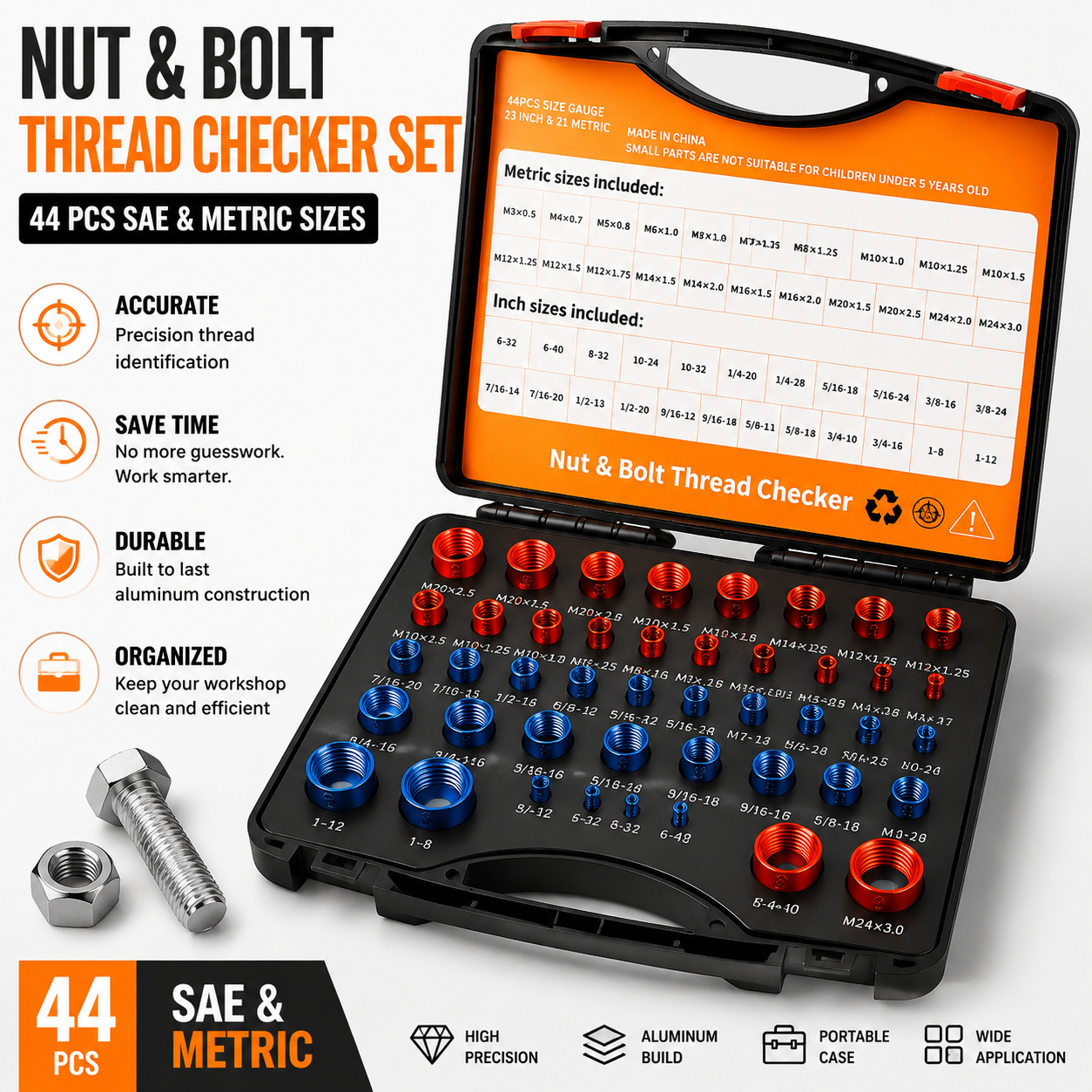 44PCS Nut & Bolt Thread Checker Set – SAE & Metric Gauge Tool Kit for Fast Bolt Identification