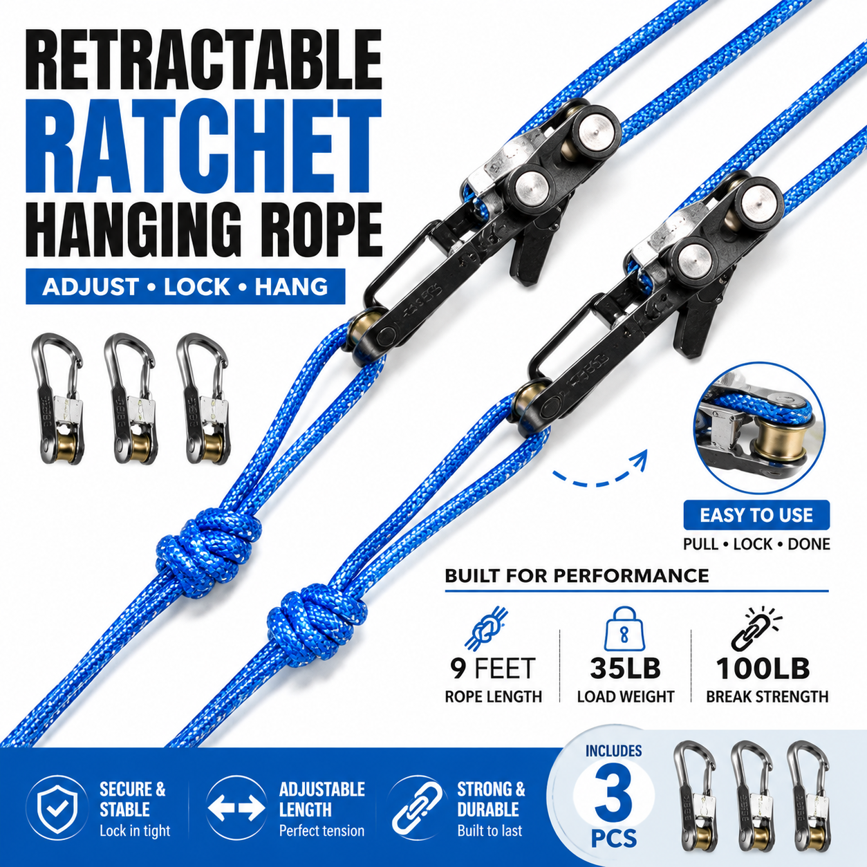 Retractable Ratchet Hanging Rope – Adjustable Locking Rope for Camping & Home Use